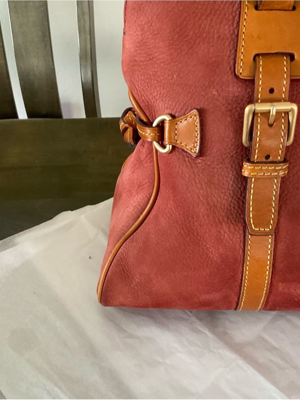Dooney & Bourke Domed Nubuck Double Handle Satchel In Red-Brown Color - Picture 12 of 16